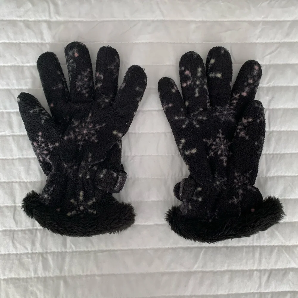 Faded Glory Fleece Faux Fur Gloves Girls L Black Pink White Adjustable Snowflake